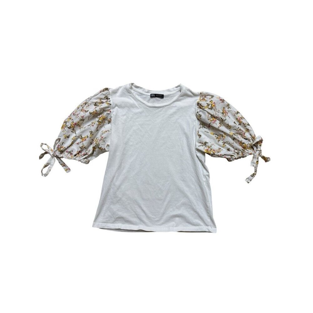 Zara Floral Puff Sleeve Top Medium White Cottagecore Tie Sleeve Blouse